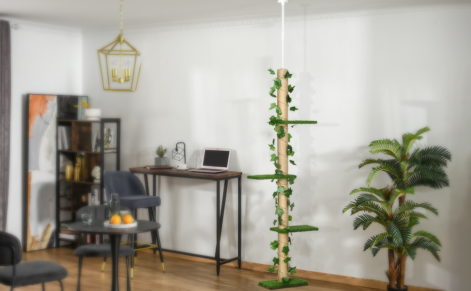 Кігтеточка PawHut для котів, регульована висота 202-242 см, з кріпленням, ігровий комплекс з джуту, зелено-жовтий