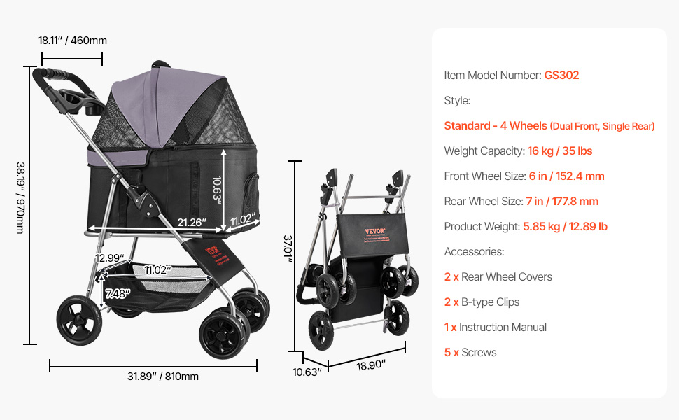 Візок для собак VEVOR 81x46x97 см, вантажопідйомність 16,9 кг, складний, знімний кошик та сітчасті вікна, гальмо, для маленьких та середніх собак