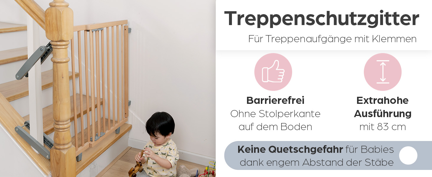 Захист для сходів Geuther Oris | Дверний захист для сходів з кріпленням, ширина 67-95 см | Стабільний захист з розпашною дверцятами | Дерев'яне дитяче гiтер, натуральний лак 67-95 см