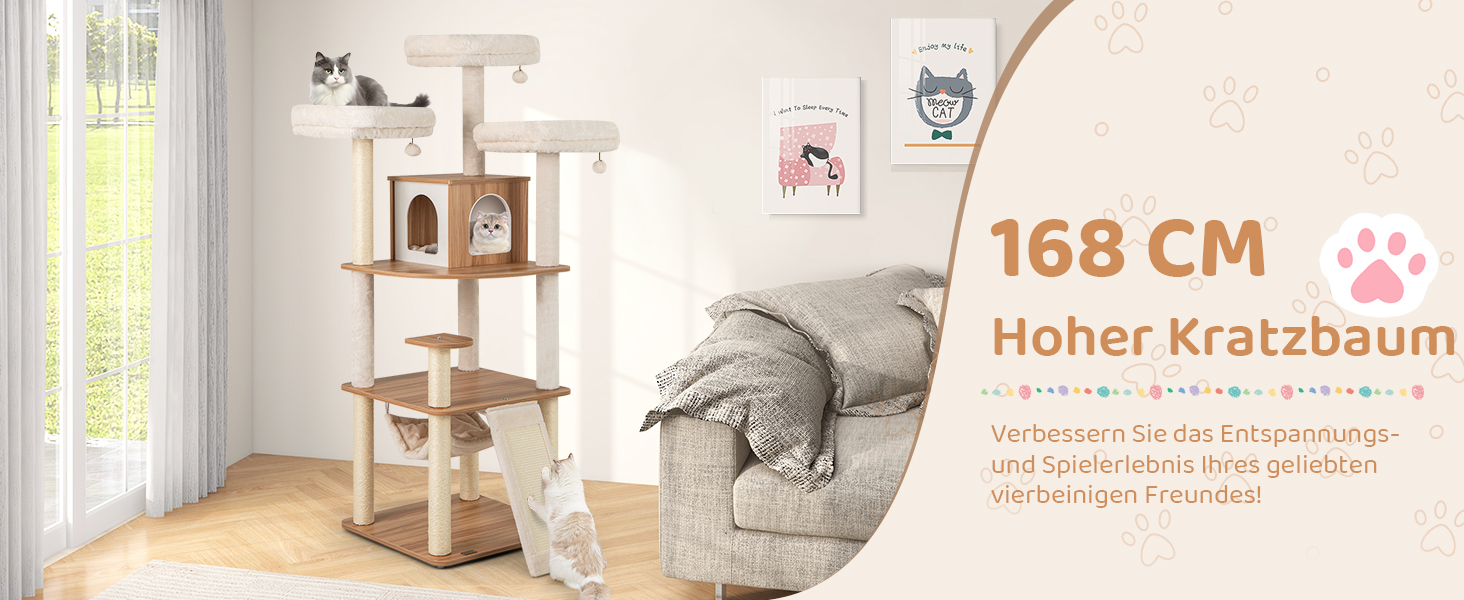 Кігтеточка для котів COSTWAY 168 см, дерев'яна, багатоярусна з будиночком, драбиною, лежаками та іграшками, бежево-коричнева