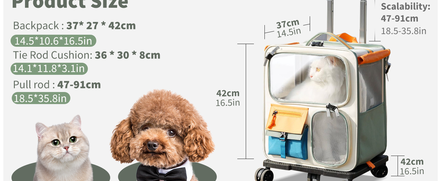 PETCUTE Рюкзак для собак з візком, 2-в-1, рюкзак для котів великих порід з колесами, дихаючий рюкзак-переноска для собак з вийманим килимком, складаний рюкзак для тварин для цуценят Бежевий+Зелений
