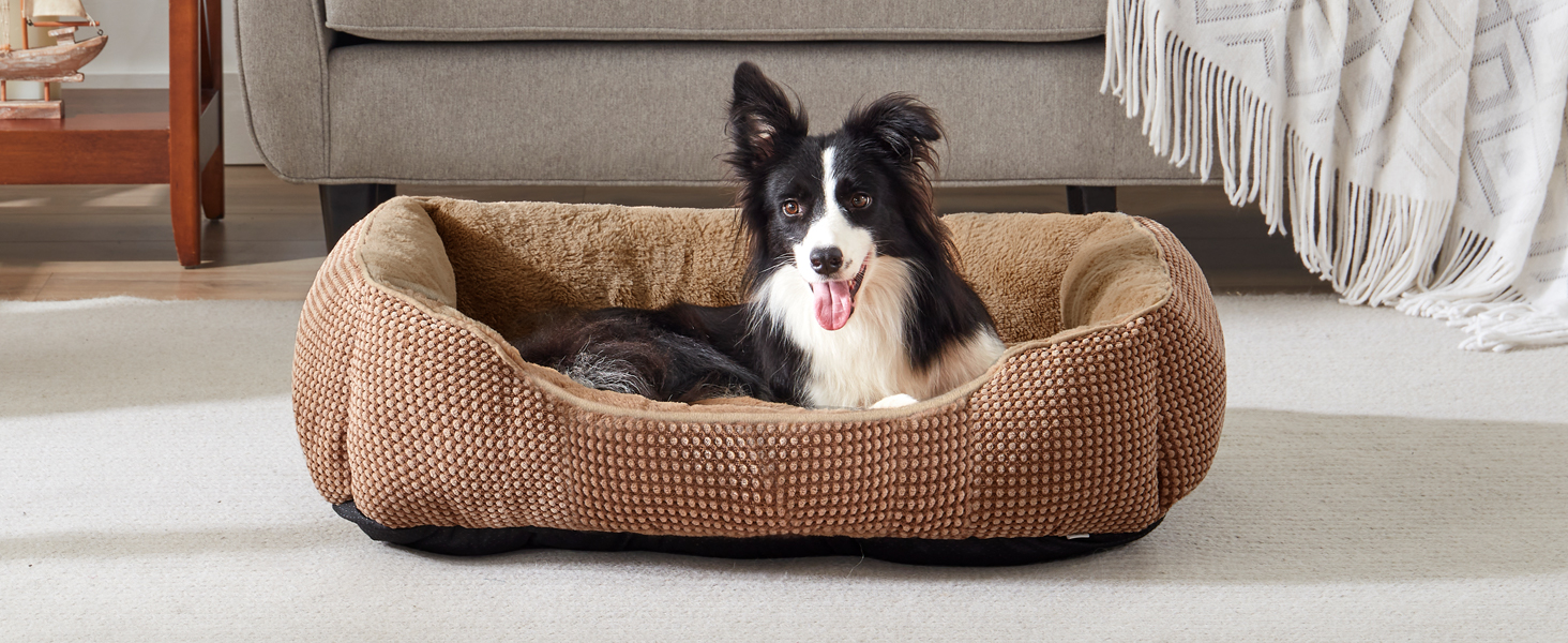 FURTIME Лежанка для собак середнього розміру, кошик для собак, миється, пухнаста, з неслизьким покриттям, заспокоююча лежанка для собак та котів середнього та малого розміру, 63x53x20 см, коричнева
