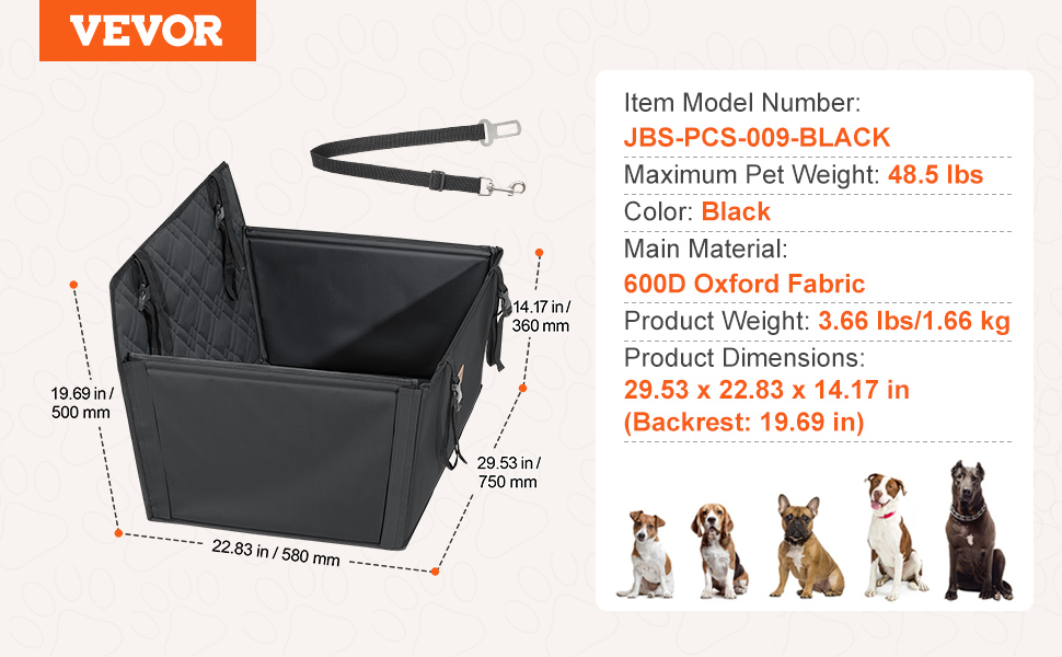 Автокрісло для собак VEVOR - водонепроникне автоліжко для собак до 22 кг, чорне