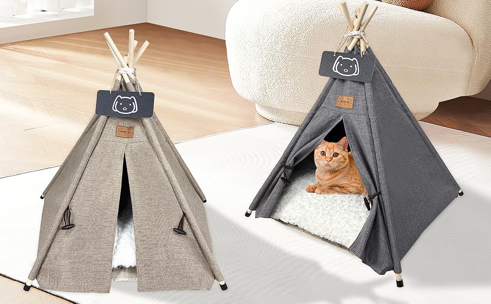 Палатка для тварин Tipi, будиночок для собак та котів з плюшевою подушкою, 60x60x70 см, коричневий