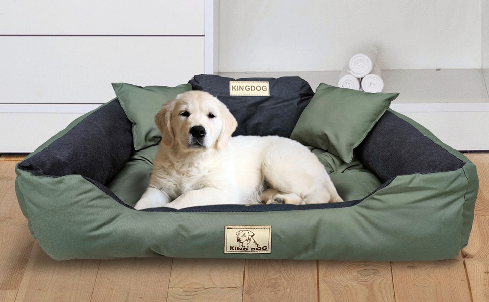 Крісло-ліжко для собак великих порід KING DOG, 100 x 75 см, водонепроникний матеріал, силіконовий наповнювач, темний сірий колір, з можливістю персоналізації (нанесення імені)