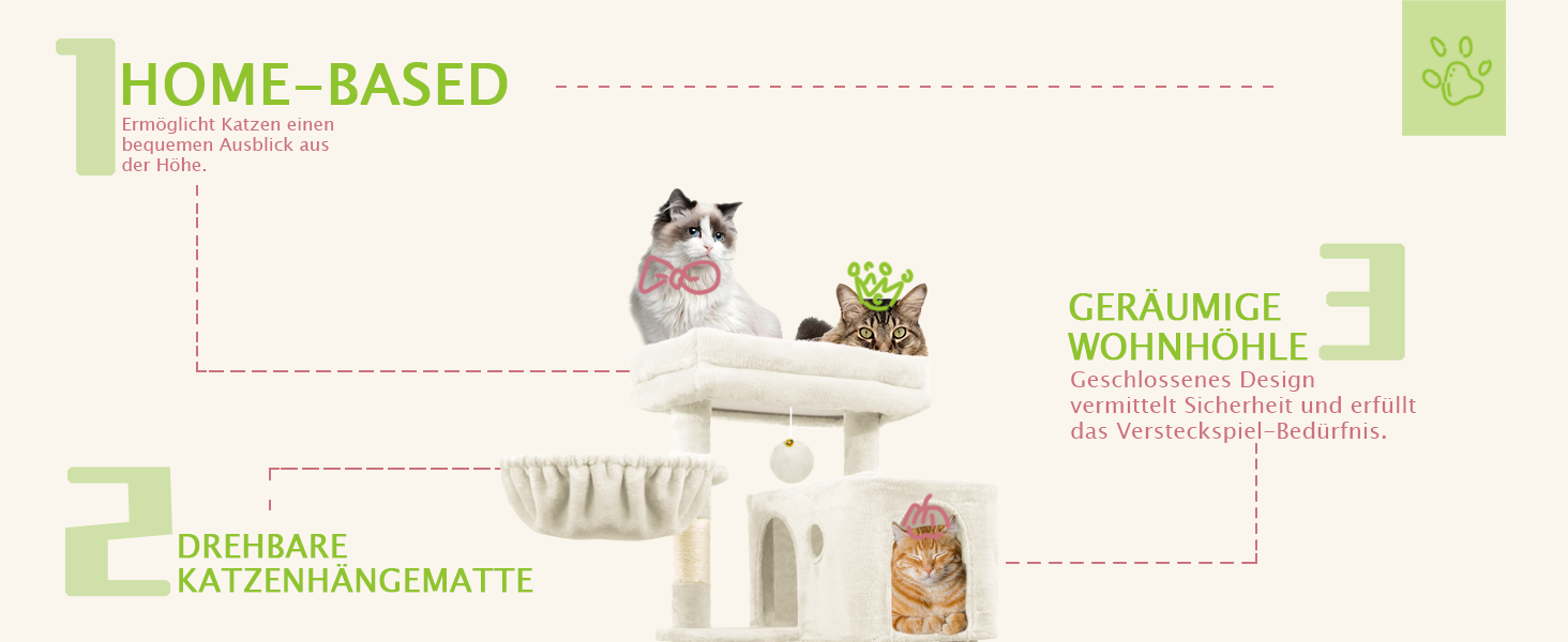 Дерев'яна кігтеточка для котів LEEJARD XXL, 148 см, з платформами, будиночком, гамаком, іграшками та захистом від перекидання, бежева