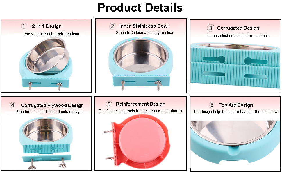 Набір мисок для корму для клітки, підвісні, знімні, з нержавіючої сталі, для собак, котів, дрібних тварин, блакитні, з гофрованим затискачем