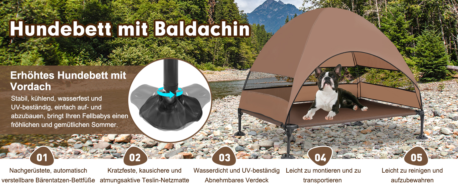 Лежанка для собак Snagle Paw з дахом, піднятий дизайн - стабільне ліжко для собак з антиковзними ніжками, широка тінь - водонепроникна для великих собак, для дому/на вулицю, кемпінг та сад, коричнева, 106 x 84 x 76 см
