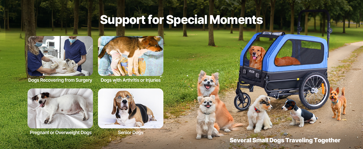 Причіп для собак VEVOR до 40 кг, 2-в-1, для маленьких та великих собак, з розкладним каркасом, універсальний з'єднувач, з прапорцем, внутрішній поводок, 1380x755x800 мм