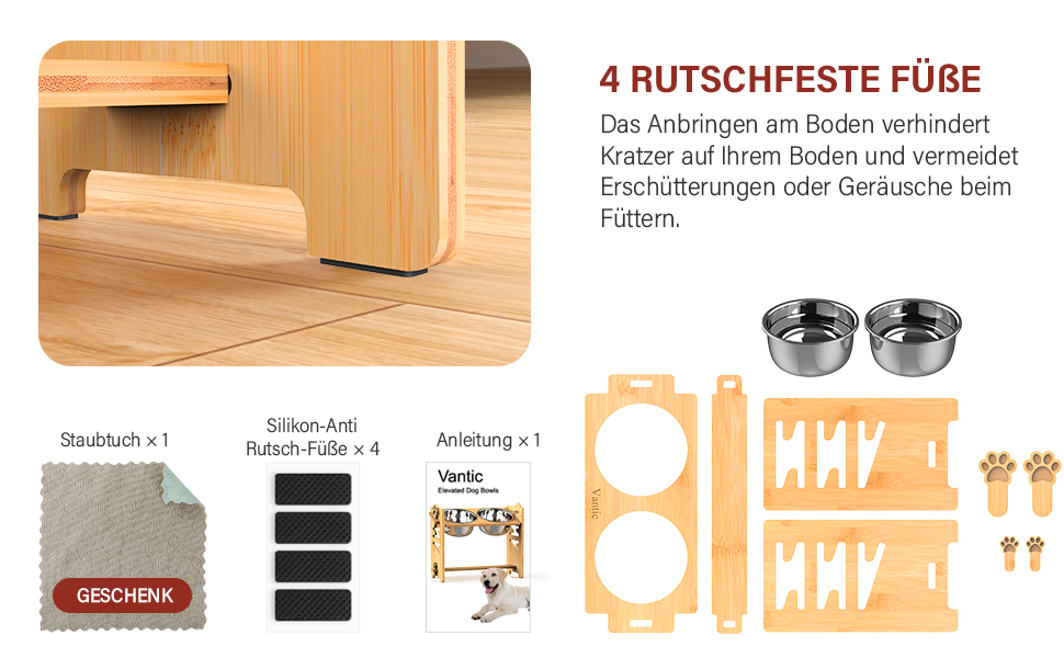 Підвищена годівниця для собак Vantic з підставкою, регульована годівниця для собак і котів, міцна годівниця-стійка з 2 нержавіюних мисок та неслизькими ніжками (для великих собак, бамбук)