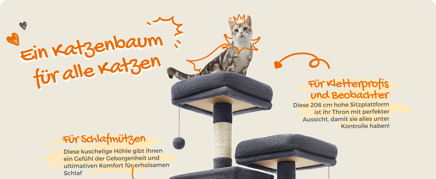 Котячий будиночок Feandrea XXL: багатоповерховий котячий комплекс 206 см, з 13 стовпчиками для шліфування, 2 платформами, 2 печерами, гамаком та іграшками, сірий