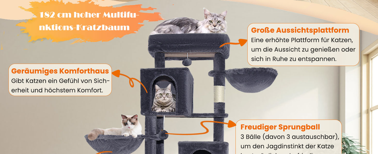 Котячий комплекс LEEJARD XXL: великий дерев'яний будиночок з платформами, когтеточками, будиночком, гамаком, іграшками та захистом від перекидання (180 см, бежевий)