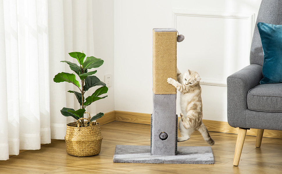 Кігтеточка PawHut для котів середнього розміру, сіра, 79 см: кігтештамб, мотузка, іграшки