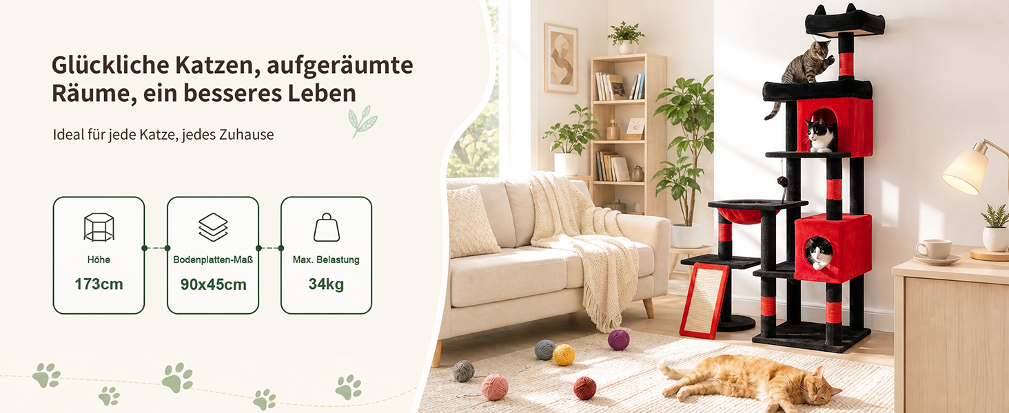 Комплекс для котів Kratzbaum XL 173 см: Дряпка-стовпчик з печерами, платформами, кошиком та іграшками (PMT02DG, Чорний+Червоний)