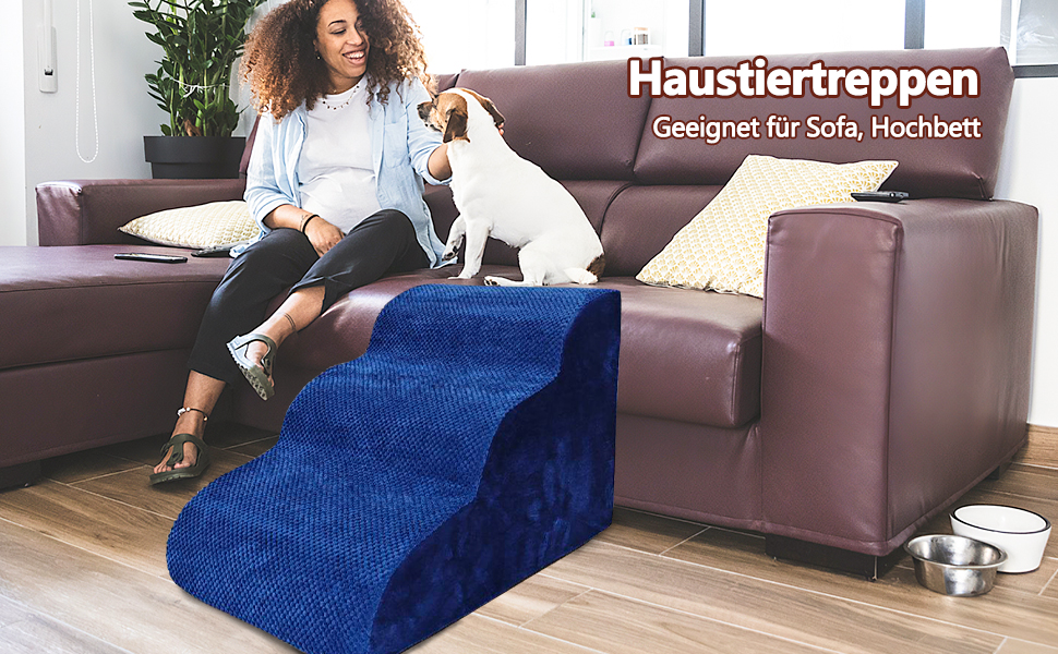 Сходинки для собак Galatée: міцні, з антиковзким покриттям, 3 сходинки для високих ліжок та диванів. Підходять для травмованих, літніх собак та котів (блакитний)
