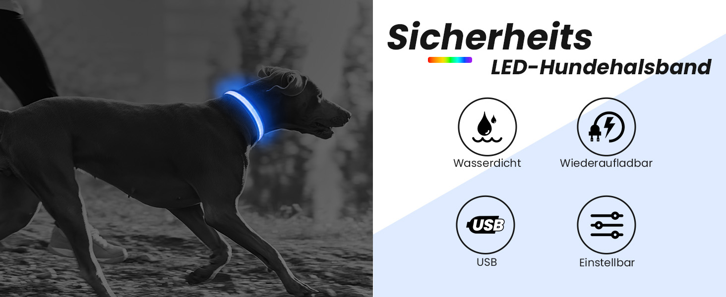 LED нашийник для собак з підсвічуванням, вологостійкий, 7 кольорів, регульований, чорний, 8 режимів, розмір M (38-50 см)