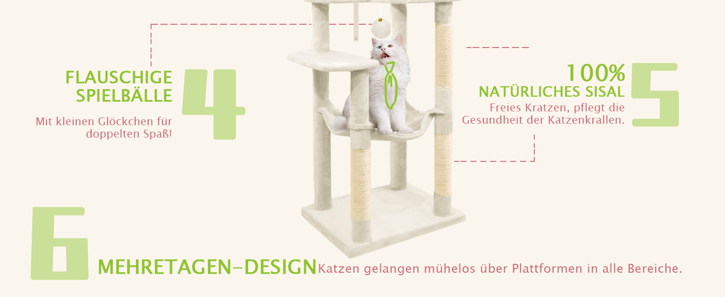 Дерев'яна кігтеточка для котів LEEJARD XXL, 148 см, з платформами, будиночком, гамаком, іграшками та захистом від перекидання, бежева