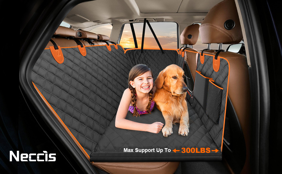 Килимок для собак у машину Neccis з знімною жорсткою основою, 136 x 61 см. Максимальне навантаження 150 кг, водонепроникний та стійкий до подряпин. Підходить для 95% легкових автомобілів, позашляховиків та вантажівок. Чорний+Помаранчевий.