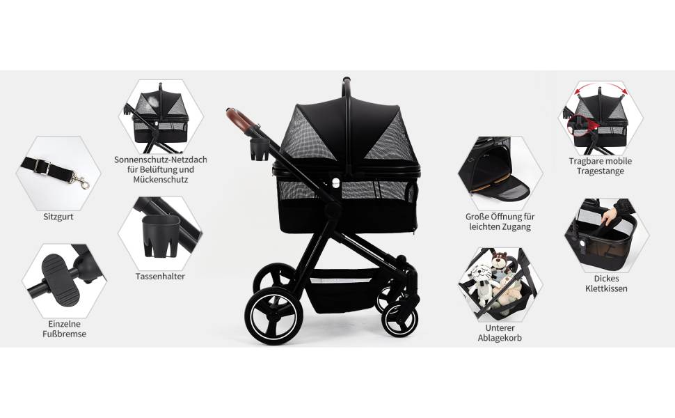 Візок для собак Zstar Hundewagen - чорний, для 2 маленьких тварин (до 15 кг), знімні сумки