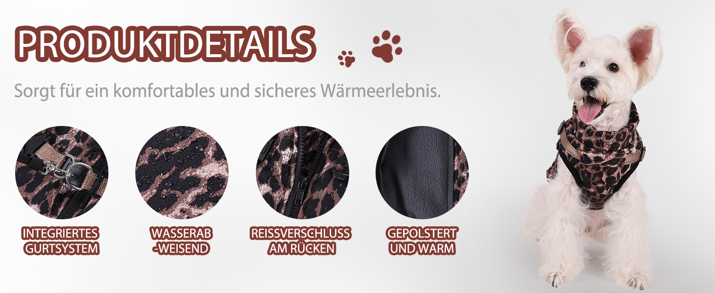 Водонепроникна куртка для собак на зиму з інтегрованим шлейкою та блискавкою. Теплий зимовий костюм для цуценят з леопардовим принтом, червоний (M)