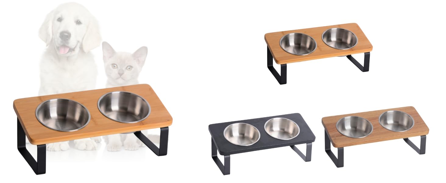 Підвищена годівниця для котів, ергономічна миска для котів, годівниця з кераміки та дерева, піднята годівниця для котів та маленьких собак (Noir - нержавіюча сталь)