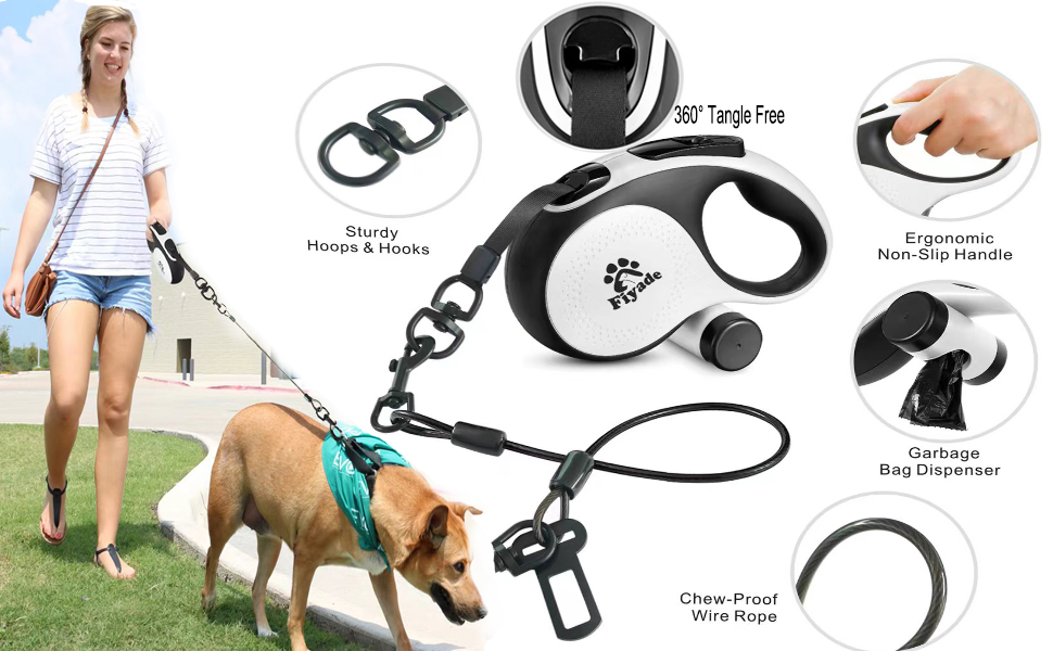 Висувна поводок для собак, 5 м, поводок-рулетка з ланцюгом, подвійний поводок для 2 собак, подовжений поводок для середніх та великих собак до 50 кг, білий та чорний, з пряжкою