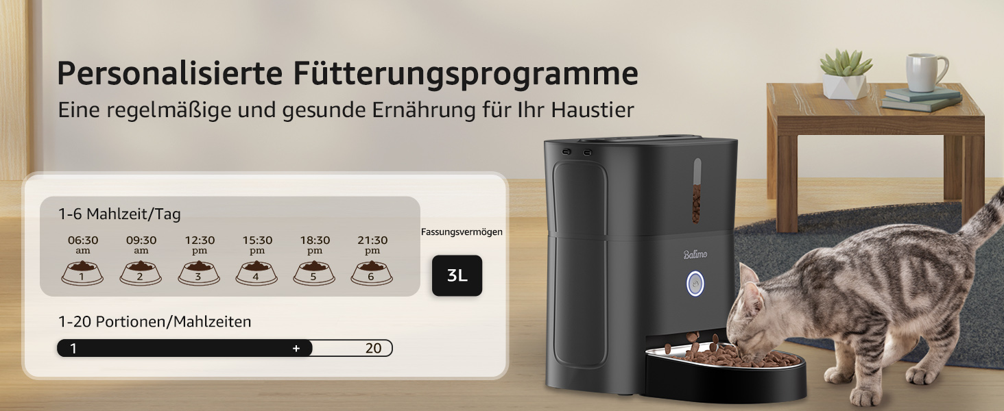 Автомат годування котів Balimo 3L з Wi-Fi, інтелектуальний диспенсер для котів/собак, з підсвічуванням та мискою з нержавіючої сталі 304, керування через додаток, 1-10 прийомів їжі на день, білий/чорний