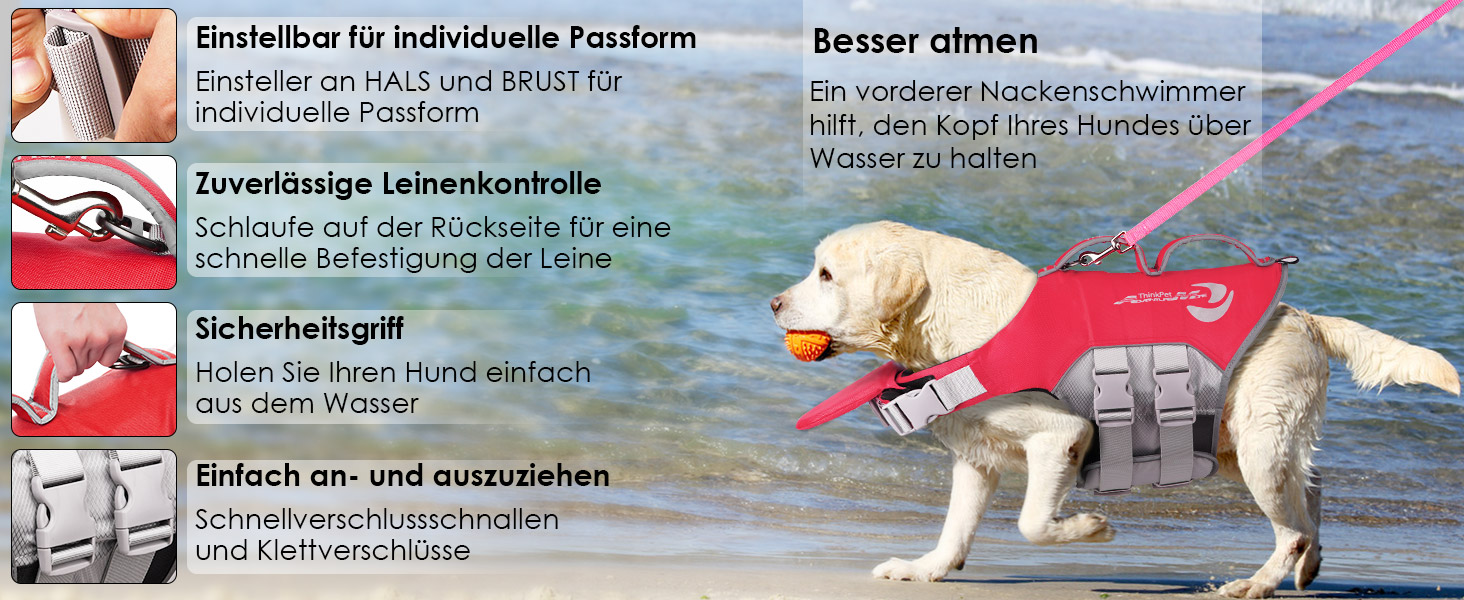 Жилет рятувальний для собак ThinkPet, XL, червоний, регульований, світловідбиваючий