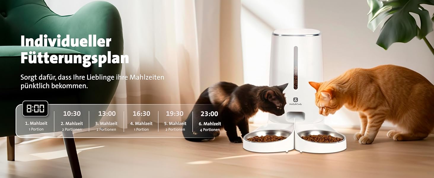 Автоматична годівниця Molly&Cody для котів і собак, 4 л, сухий корм, з таймером, 2 миски, LED-дисплей, захист від дітей, подвійне живлення