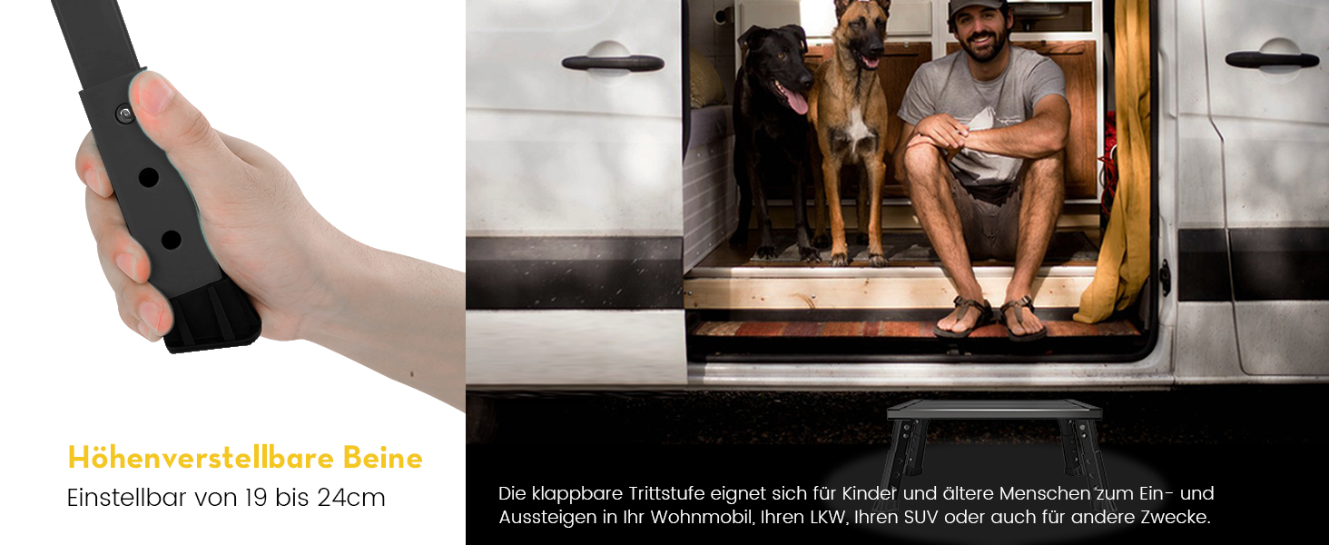 Алюмінієва розкладна сходинка-підставка, 300 кг, 3 сходинки, регульована висота, широка антиковзка поверхня, для автодому, саду та сходинок для собак, легка та складна (Чорний)