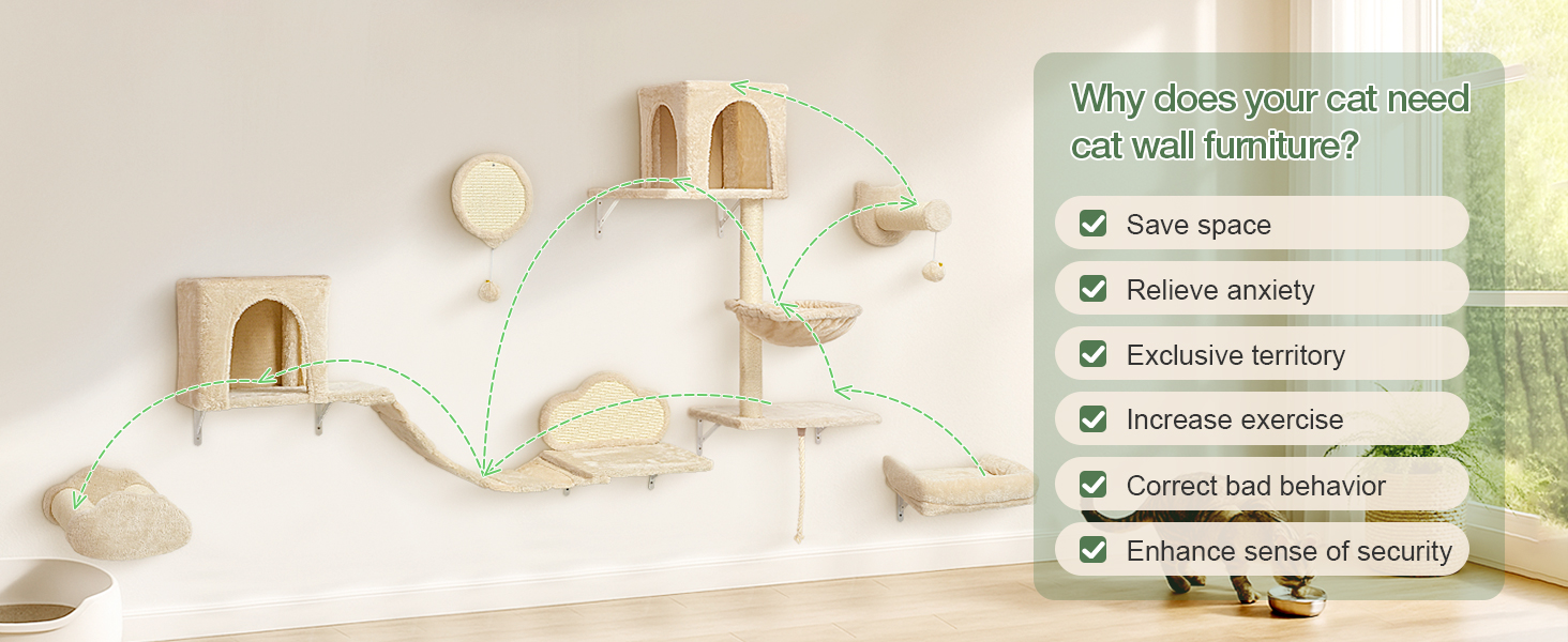 Комплекс для котів BYBYME з гамаком, ліжком та полицями, 6шт. Міцні меблі для котів з плюшевою стійкою, когтеточкою та сизалевими стовпчиками (Бежевий)