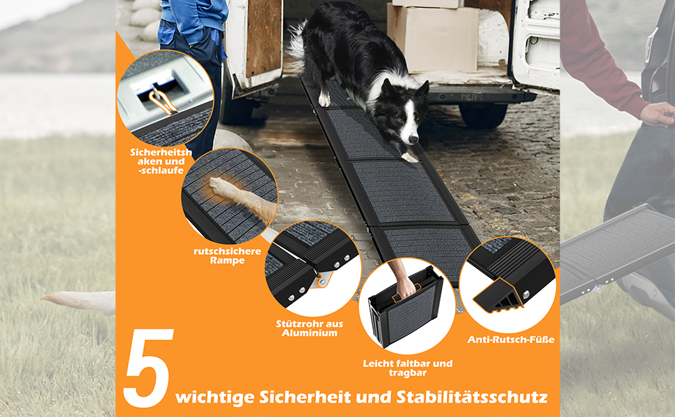 Рампа для собак у автомобіль Aufun, 157x44 см, складна, з антиковзким покриттям, для великих та середніх собак до 110 кг