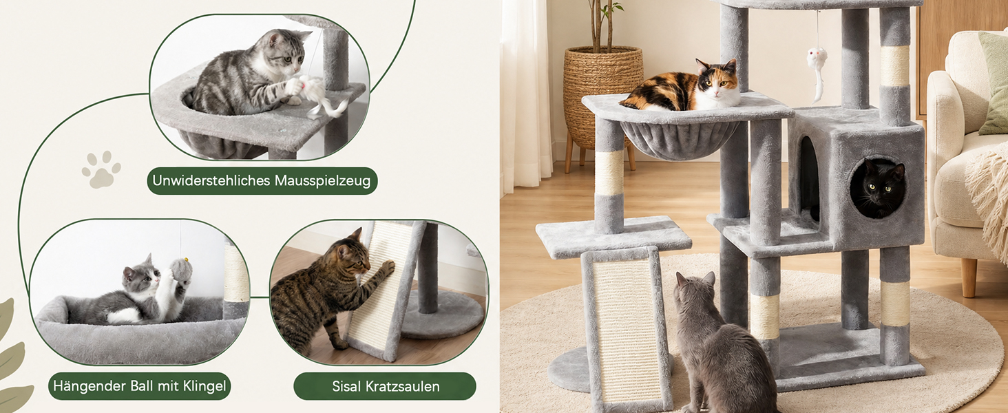 Комплекс для котів Kratzbaum XL 173 см, сірий: будиночок, платформа, дряпка, іграшки