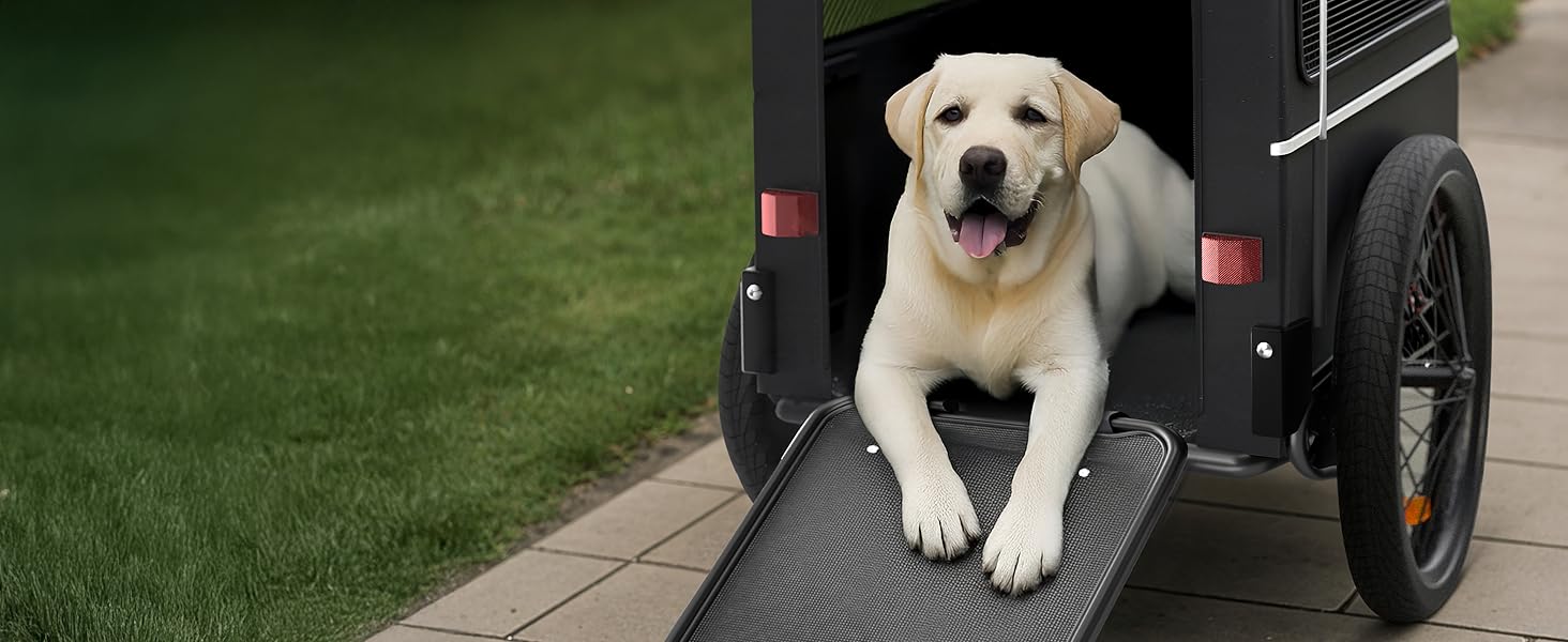 Фаркоп для велосипеда з переноскою для собак XL, чорний – з пандусом, амортизацією та з'єднувачем. Підходить для собак до 45 кг, водонепроникний, сумісний з електровелосипедами