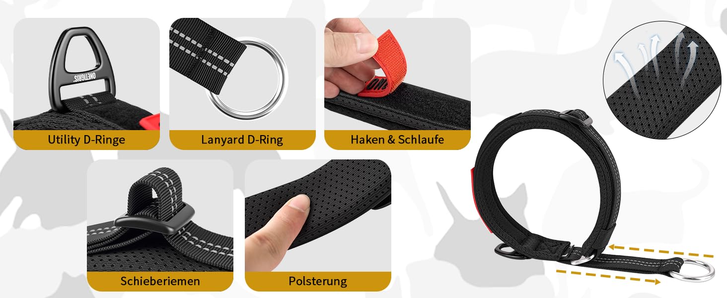 Нашийник для собак OneTigris Zug-Stopp, м'який з широкою підкладкою, з світловідбиваючими елементами, чорний, XL (для середніх та великих собак)