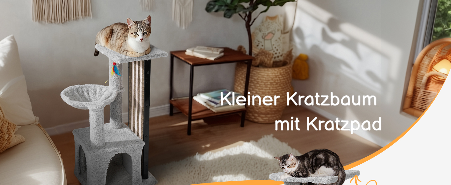 Кігтеточка Veehoo для котів, 90 см, сіра. Багатоярусна, стабільна, для дому. Ідеально для лазіння, ігор та відпочинку. Розміри: 44 x 34 x 90 см