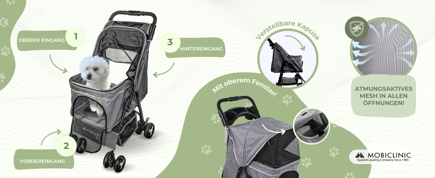 Візок для собак Mobiclinic® Pets, сірий, до 15 кг, з великим кошиком, 3 вікна, гачок для води, поворотні колеса з гальмом