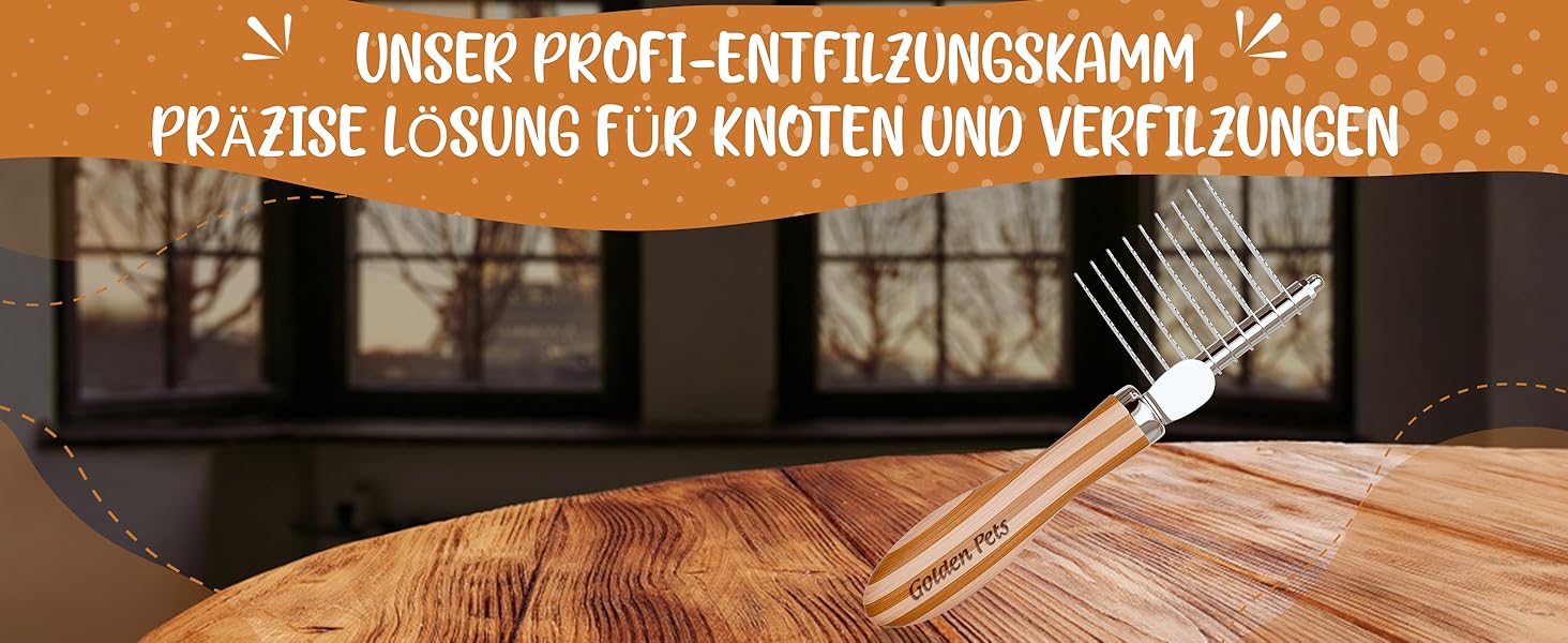 Гребінець для собак та котів Golden Pets Entfilzer Kamm для середньої та довгої шерсті | Підходить для собак та котів будь-якого розміру | Зі згладженими зубцями + Е-book з догляду за шерстю | 9 лез | Бамбук