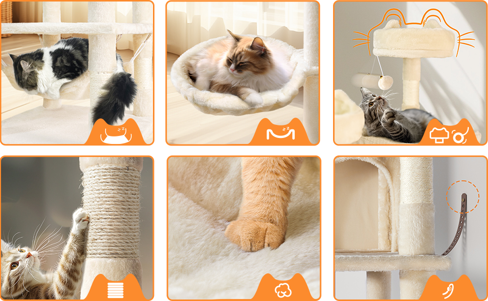 Двоповерховий котячий будиночок Vounot XXL (215 см), котячий комплекс з гамаком, корзиною та шматочками для дряпання, сірий та бежевий