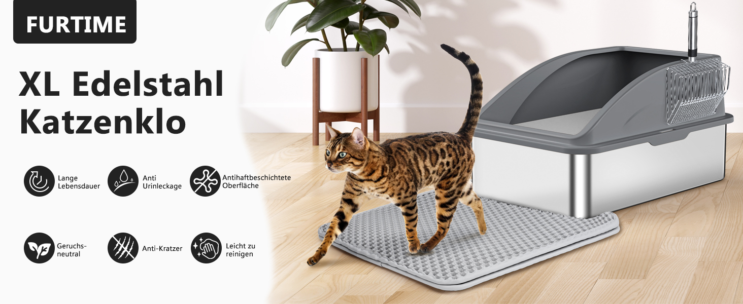 Лоток для котів FURTIME XXXL з нержавіючої сталі, екстра великий туалет для великих котів, темно-сірий (71x51x31 см)