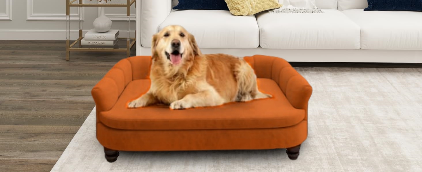 Диванчик для собак SEYNAR: м'який, з велюровою подушкою, для великих та середніх собак, для вітальні, миється, оранжевий