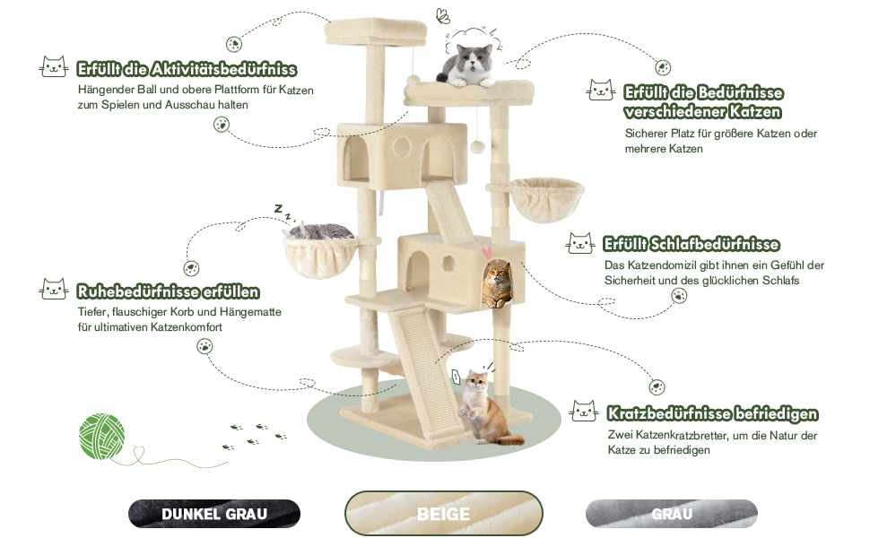 Декілька рівнів, гамак та кошики: кігтеточка MUTICOR для великих котів, 168 см, бежева
