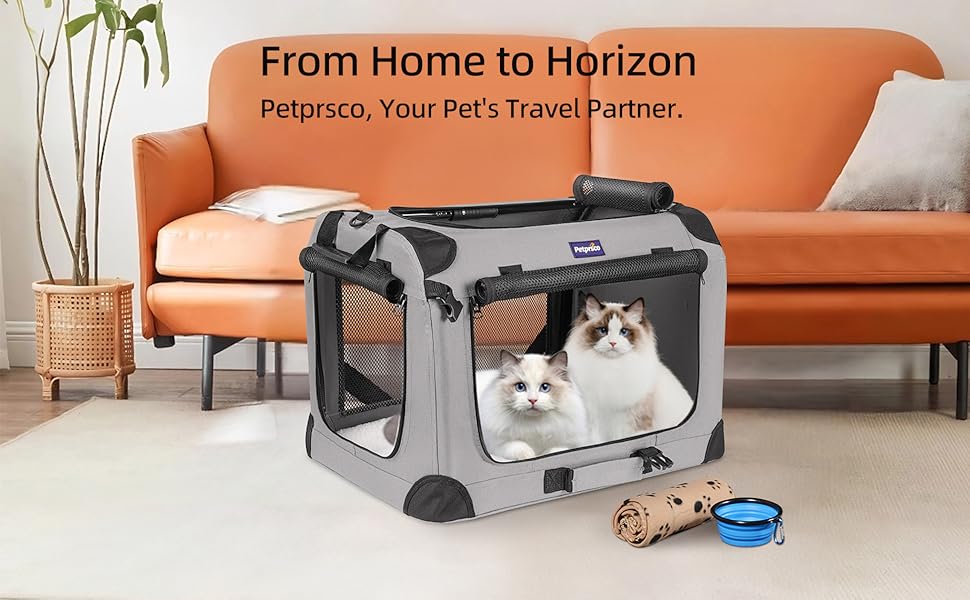 Транспортна переноска для котів та собак Petprsco, 60x42x42 см, сіра. Зігріваюча ковдра, складна миска та знімне покриття.