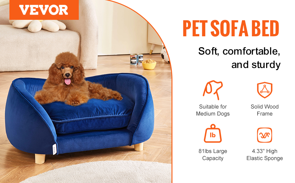 Крісло-лежанка для домашніх тварин VEVOR, лежанка для собак та котів середнього розміру, м'яка велюрова лежанка для собак, крісло для котів, що витримує до 37 кг, лежанка для домашніх тварин, темно-синій колір, розмір L (71 x 51 x 11 см)