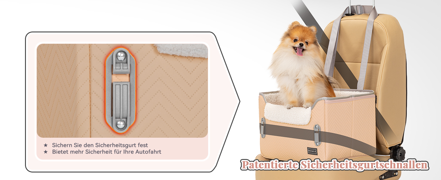 Автокрісло для собак Petsfit - стабільне та безпечне автокрісло для маленьких собак, з кріпленням для ременів безпеки, автопідстилка з плюшевим килимком, шкіра, хакі