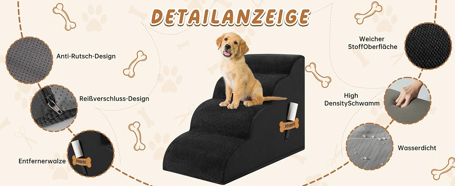 Сходинка для собак та котів Romrol – 4 сходинки, чорний колір, з неслизьким покриттям, з Memory Foam, для захисту суглобів