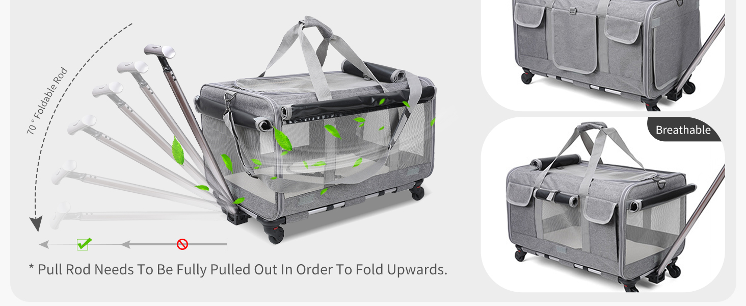Транспортна сумка для котів PETCUTE з колесами, дихаюча переноска для 2 котів, складана переноска для собак з телескопічною ручкою, знімний килимок, ідеальна для подорожей, темно-сіра