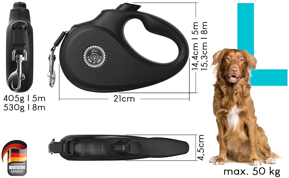 Витяжна повід для собак HUND IST KÖNIG 8м, до 50кг, чорний | Міцний поводок для малих та великих собак | Зручний ручка