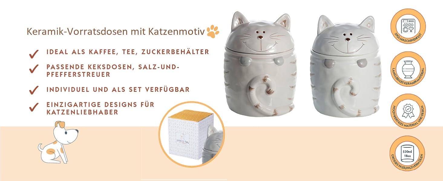 Набір керамічних контейнерів для зберігання Spotted Dog Gift Company, 2 шт. з кришкою, котячий дизайн, куховий декор, подарунок для любителів котів