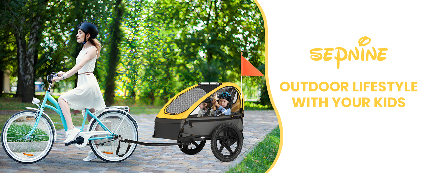 Причеп для велосипеда Sepnine для 2 дітей, від 12 місяців, швидко кріпиться, складаний, з 5-точковим ременем та кишеньками для зберігання, BT609-Жовтий